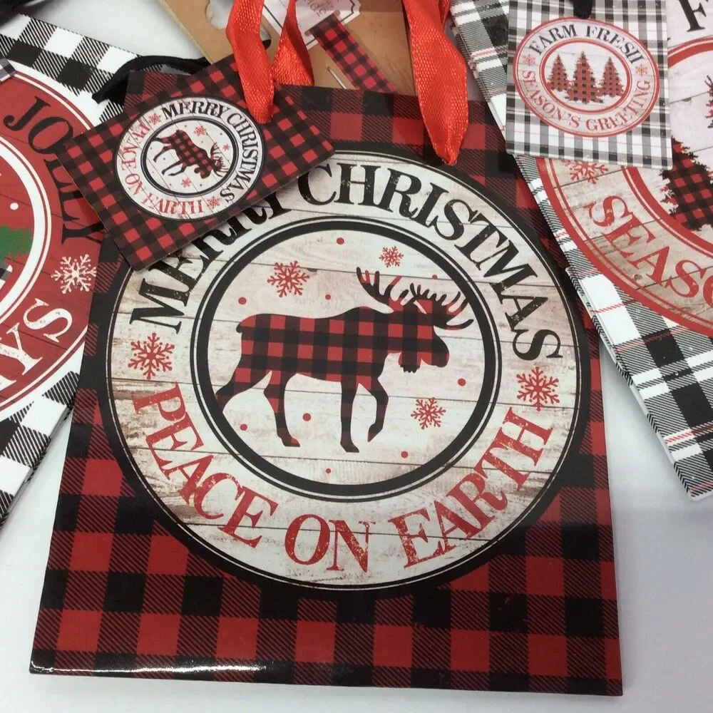 Christmas Gift Bags 7 Piece Set Red/Black Buffalo Check 3 Sizes Ribbon Handles